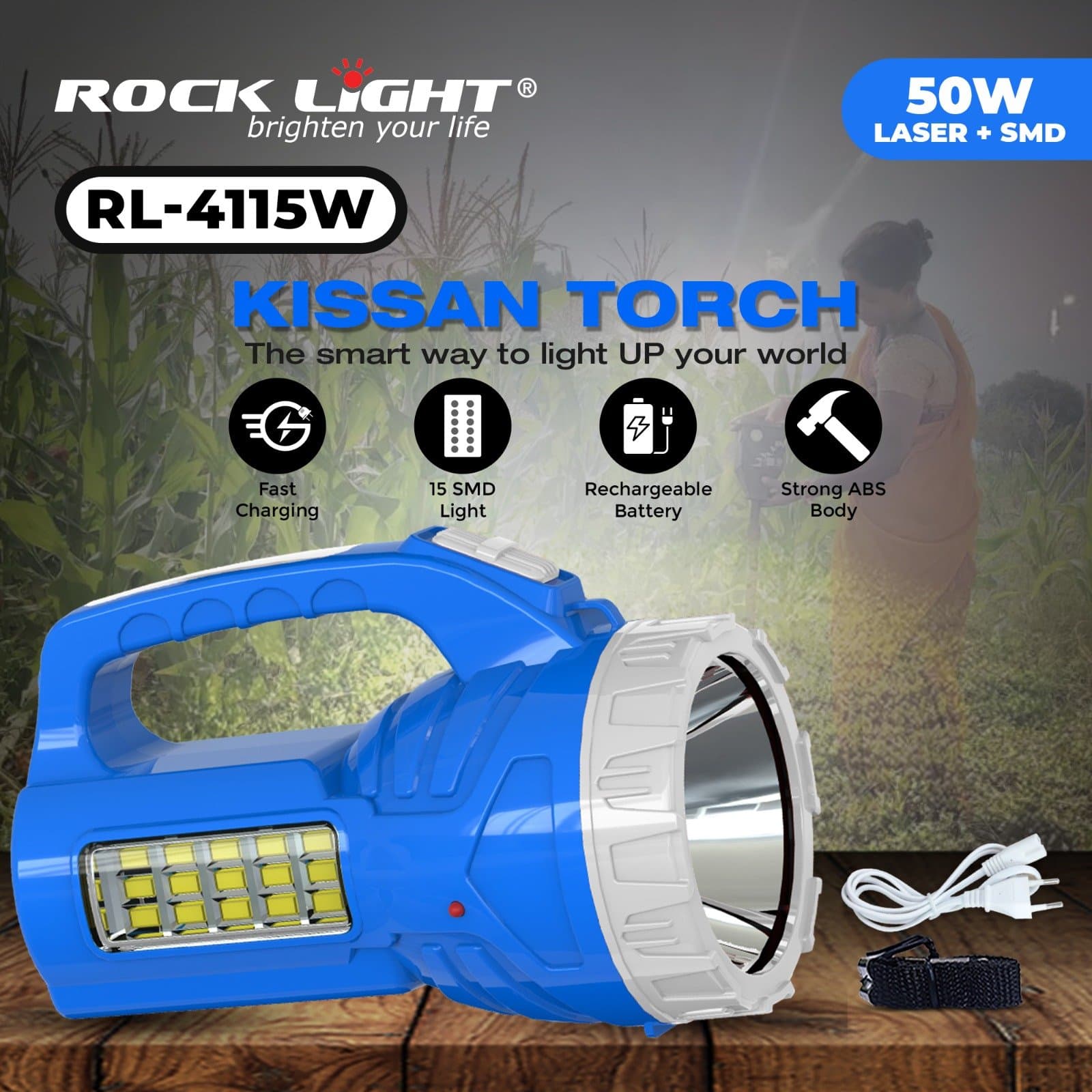 RL-4115W – Heavy-Duty Kisan Torch with Long Battery Backup