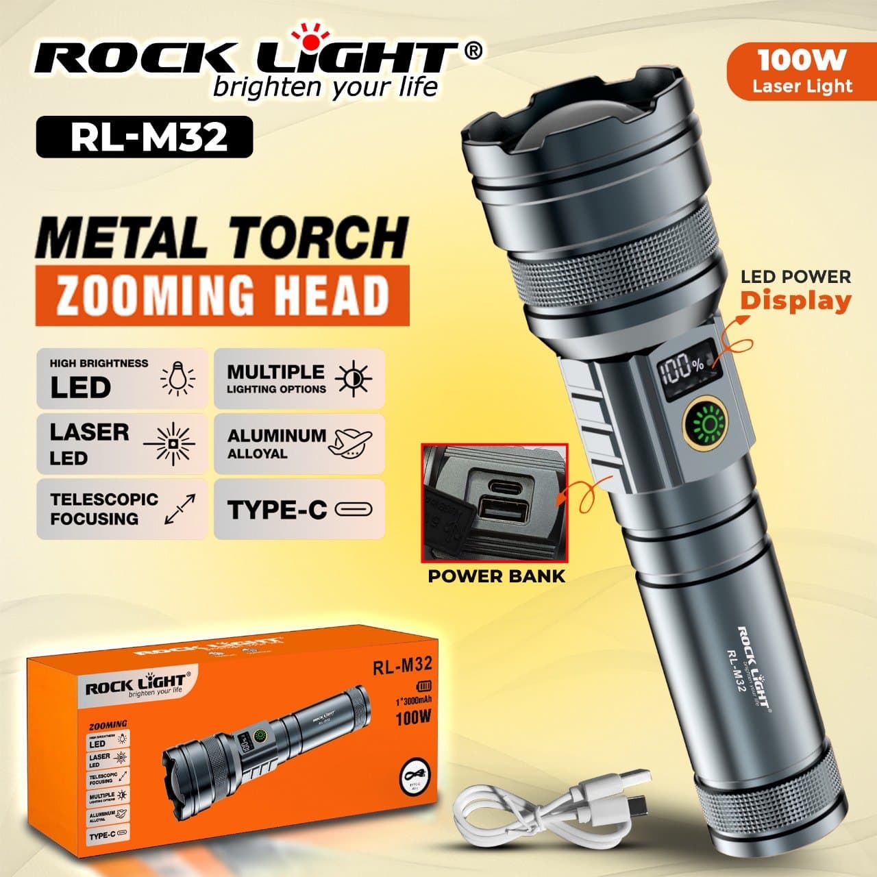 RL-M32 – Rechargeable Metal Torch for Home & Travel Safety