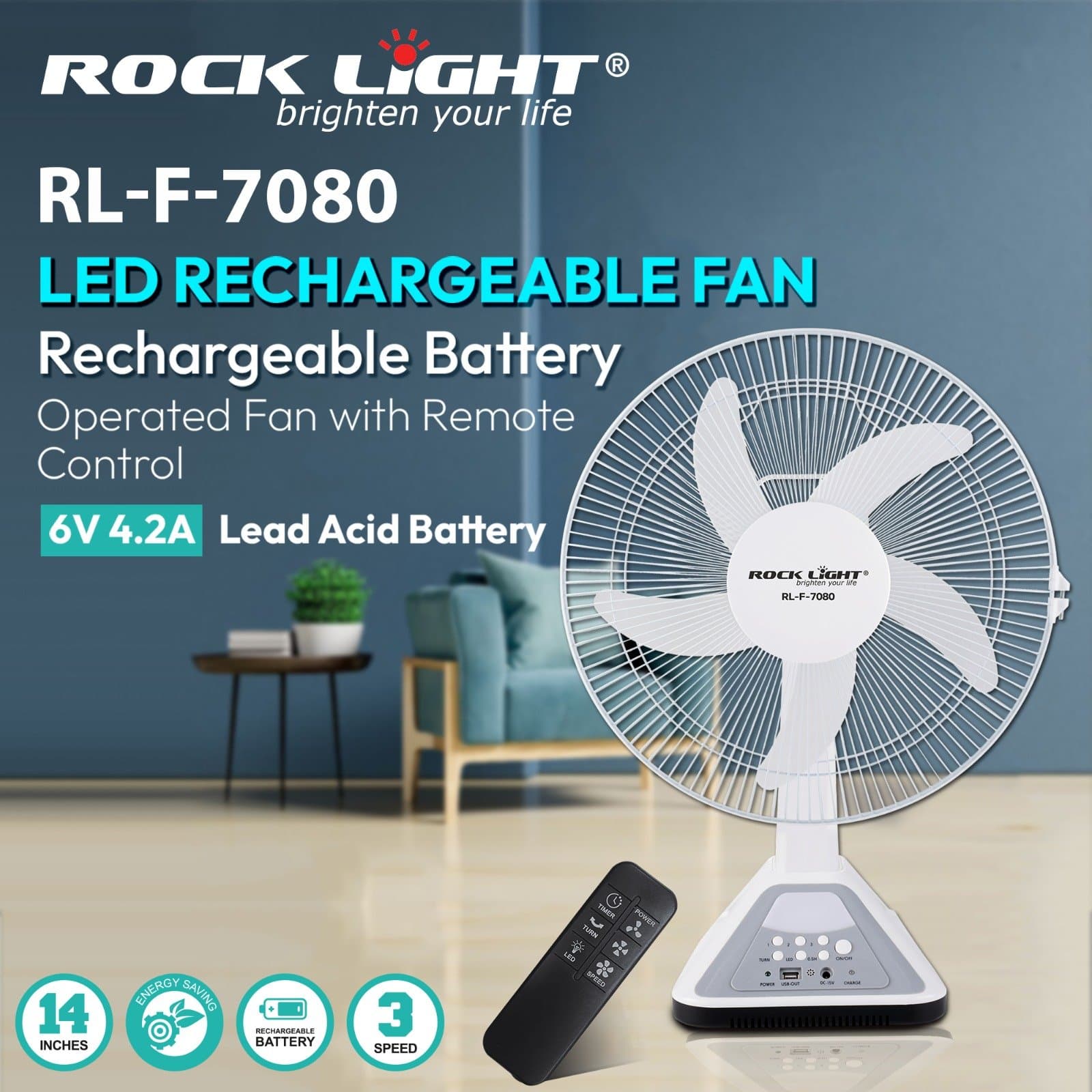 RL F-7080 Rechargeable Fan long battery backup cooling fan