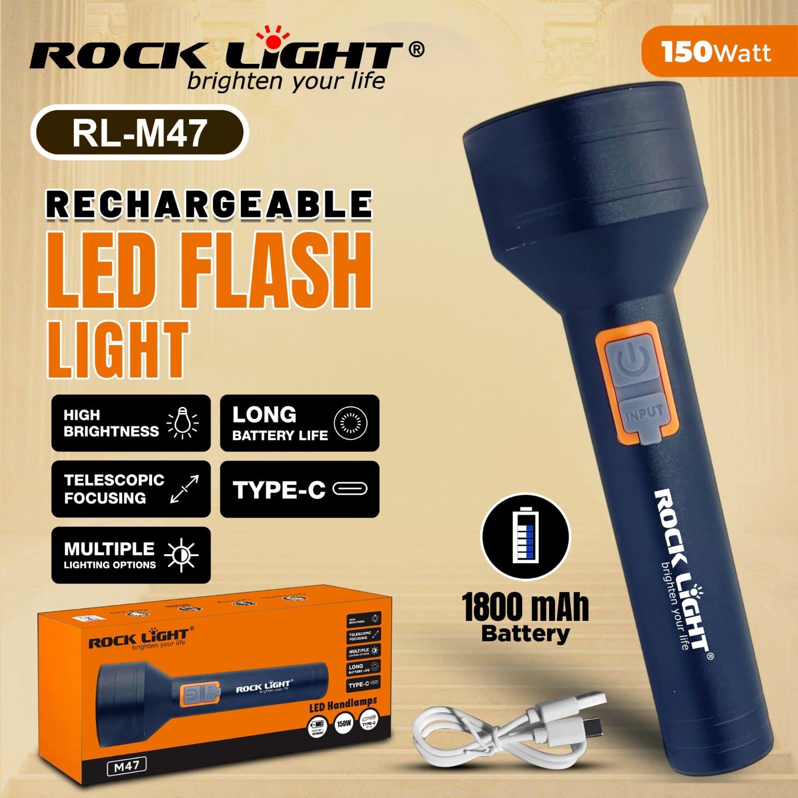 RL M47 strong body Metal Torch with energy-efficient light
