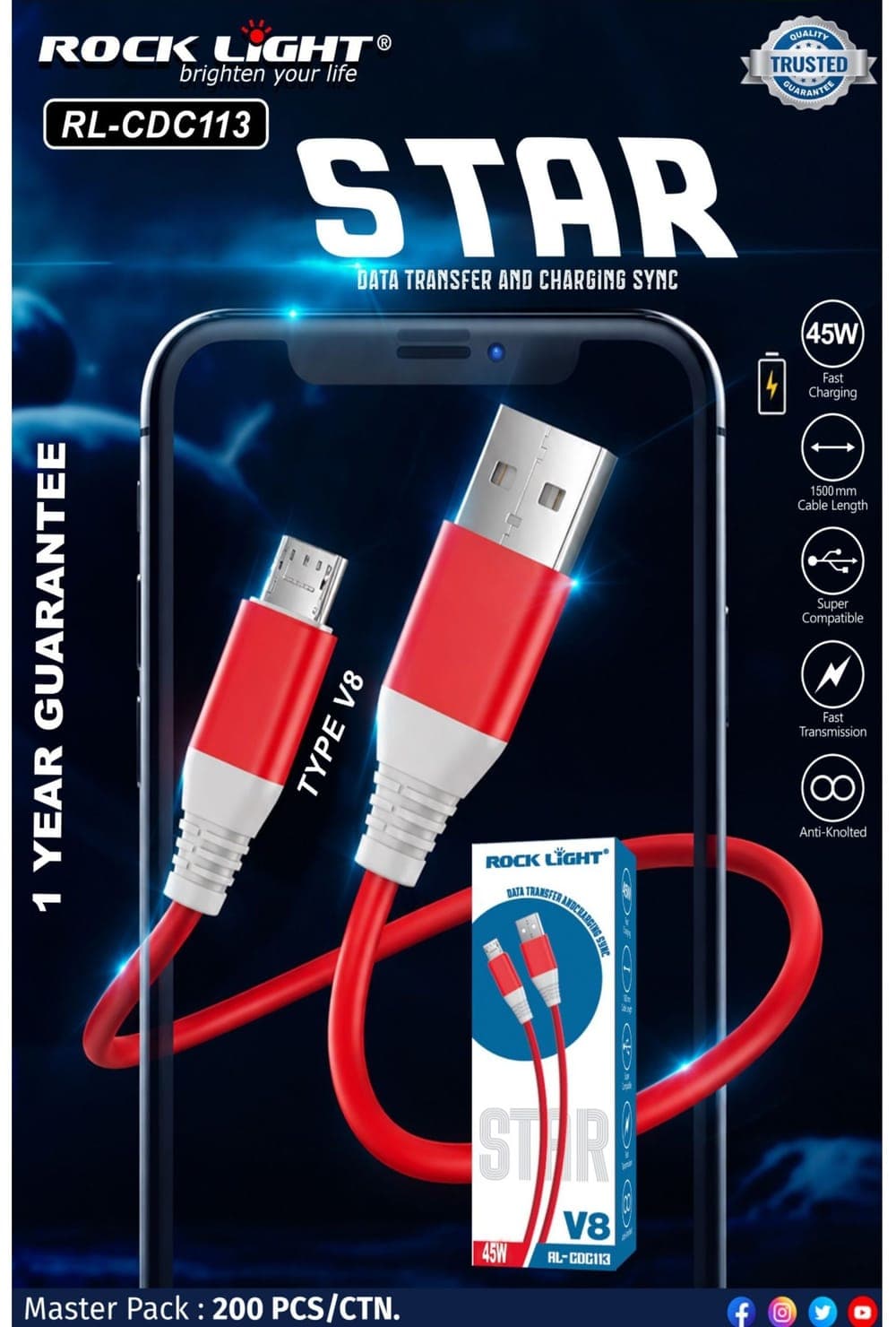 RL-CDC113 | Star Type V8 Data Transfer and Charging Sync Cable