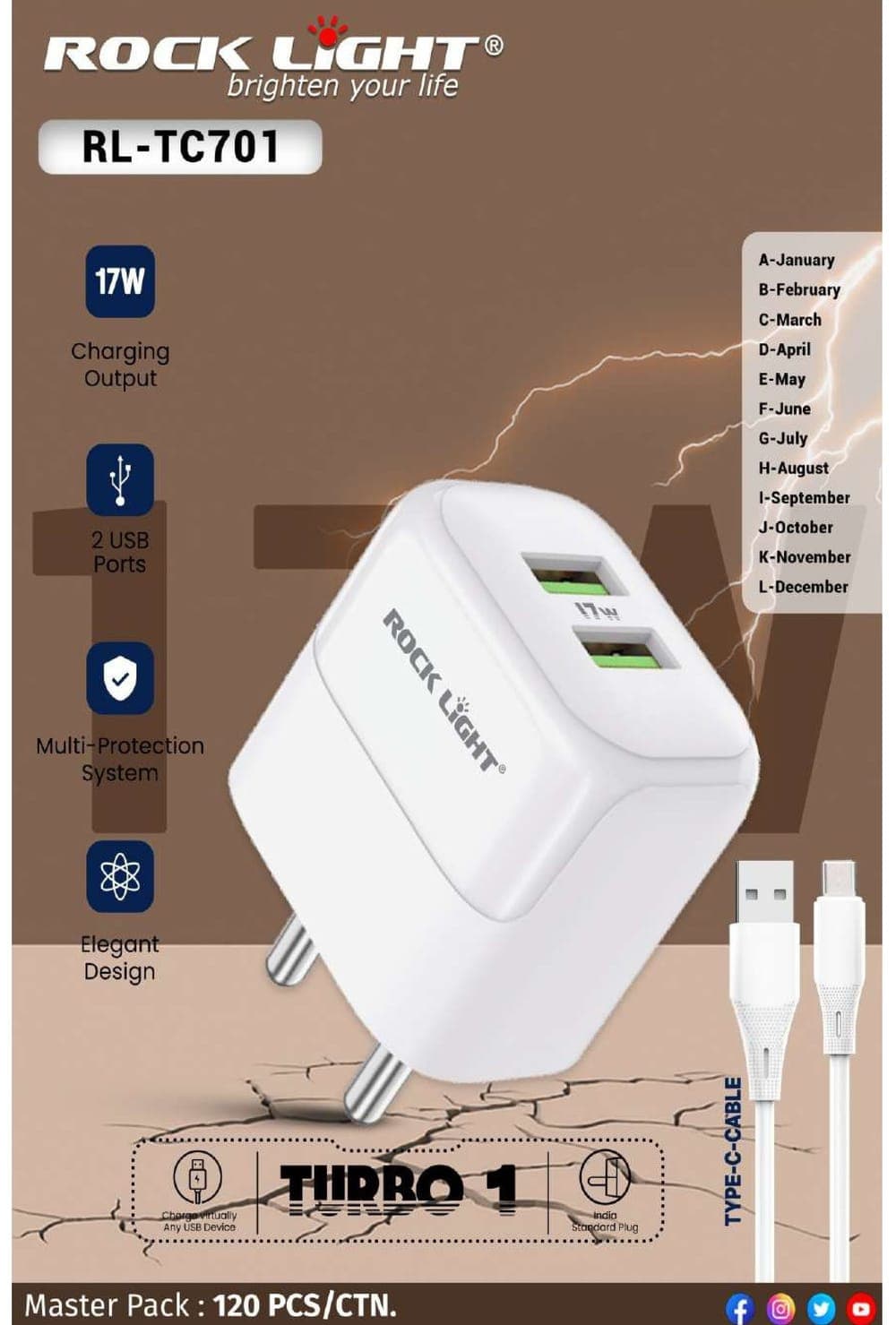 RL-TC701 | Turbo 1 17W Dual USB Travel Charger with Type-C Cable