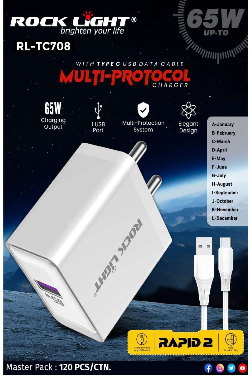 RL-TC708 | Rapid 2 Multi-Protocol Charger with Type-C USB Data Cable