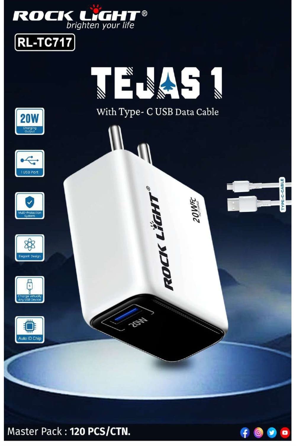 RL-TC717 | Tejas 1 20W USB Charger with Type-C USB Data Cable