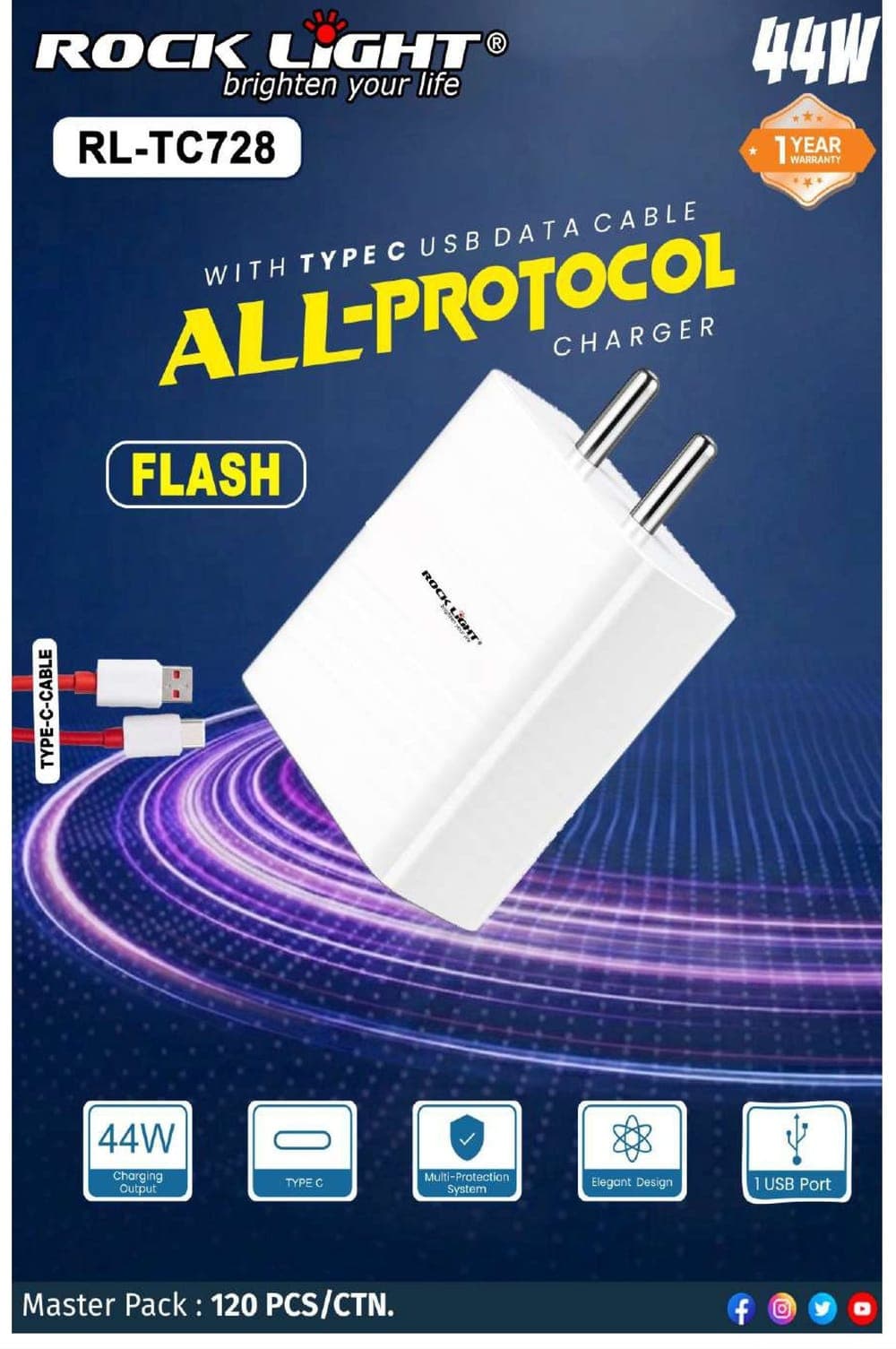RL-TC728 | Flash All-Protocol Charger with Type C USB Data Cable